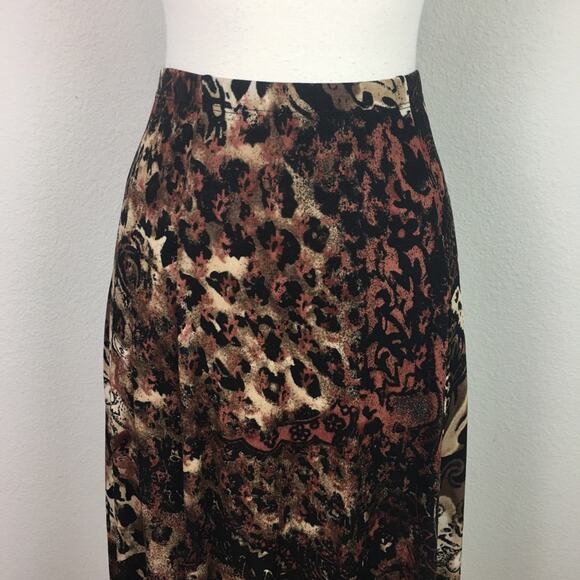 Chico's Travelers  Brown Animal Print Paisley Floral Slinky Knit Midi Skirt 2 - Picture 2 of 5